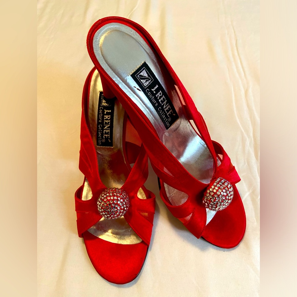 J Renee Couture Collection Red Mule Pumps Heels w/Crystal Ball Women’s Sz 8.5